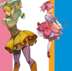 2girls arms_up black_legwear blonde_hair blue_background boots bow_(weapon) breasts bubble_skirt choker collarbone corset detached_sleeves expressionless feet_out_of_frame fingernails flat_chest flower frilled_skirt frilled_sleeves frills full_body gloves gun hair_ribbon holding holding_bow_(weapon) holding_gun holding_weapon ichimura_(kiln) impossible_clothes kaname_madoka knee_boots legs_apart looking_away magical_musket mahou_shoujo_madoka_magica mahou_shoujo_madoka_magica_(anime) multicolored_background multiple_girls orange_background outstretched_arms pink_background pink_choker pink_eyes pink_flower pink_hair pink_ribbon pink_rose profile puffy_sleeves red_footwear ribbon rifle rose short_twintails sidelocks simple_background skirt socks standing standing_on_one_leg striped_background striped_clothes striped_legwear striped_thighhighs thighhighs tomoe_mami twintails vertical-striped_clothes vertical-striped_thighhighs weapon white_background white_gloves white_legwear white_skirt yellow_eyes yellow_footwear yellow_skirt zettai_ryouiki