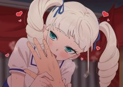 1boy 1girl aikatsu! aikatsu!_(series) aqua_eyes biting blouse blue_ribbon blunt_bangs blush breath curtains drill_hair fang finger_biting finger_in_another&#039;s_mouth hair_ribbon hand_focus heart heavy_breathing highres holding_another&#039;s_wrist looking_at_viewer naughty_face open_mouth osame out_of_frame pov pov_hands ribbon saliva shirt short_sleeves silver_hair solo_focus sweat todo_yurika twin_drills upper_body white_shirt rating:Sensitive score:103 user:danbooru