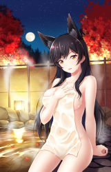 1girl 7nanappe animal_ears atago_(azur_lane) autumn_leaves azur_lane black_hair blurry blurry_background blush breasts brown_eyes collarbone commentary_request covered_navel covering_privates depth_of_field extra_ears fingernails full_moon head_tilt highres large_breasts long_hair looking_at_viewer mole mole_under_eye moon night night_sky nude_cover onsen outdoors parted_lips rock see-through sitting sky smile solo star_(sky) starry_sky towel very_long_hair water wet wet_towel