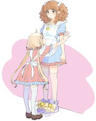  2girls :3 against_wall age_difference ahoge alternate_costume alternate_hairstyle apron arched_bangs blonde_hair blue_dress blue_trim bow brown_eyes brown_footwear brown_hair closed_mouth commentary dot_nose dress frilled_apron frilled_dress frilled_sleeves frills futaba_anzu hair_bow hair_ornament hair_scrunchie height_difference highres idolmaster idolmaster_cinderella_girls kabedon kirakira_p_cyan leaning leaning_forward light_blush loafers long_hair looking_at_another looking_down looking_up low_twintails maid maid_apron medium_bangs moroboshi_kirari multiple_girls pink_background pink_bow pink_dress pink_thighhighs pink_trim purple_footwear scrunchie shoes short_sleeves sidelocks simple_background smile sneakers standing star_(symbol) straight_hair tall_female thighhighs twintails very_long_hair wall wavy_hair white_apron white_scrunchie white_thighhighs yellow_bow yuri  rating:General score:21 user:danbooru