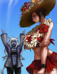  2girls abs absurdres animal_ears bandages black_eyes black_hair black_tights blue_skin blue_sky blush breast_press breasts cat_ears cat_girl cat_tail clear_sky colored_skin commission fangs embarrassed fang fangs final_fantasy final_fantasy_xiv flower flower_ornament hat highres hyur jane_highwind jewelry large_breasts light_blush looking_at_viewer midriff miqo&#039;te mole mole_under_eye multiple_girls muscular muscular_female navel navel_piercing necklace one-piece_swimsuit pantyhose piercing purple_eyes red_flower red_one-piece_swimsuit red_skirt scar scar_on_face scar_on_nose short_hair skirt skirts sky smile straw_hat summer sweat sweatdrop swimsuit tail tastykuri tomboy toned twintails underboob white_flower white_skin  rating:Sensitive score:11 user:BitterBlack