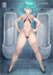  1girl :o absurdres bikini blush breasts cameltoe cleft_of_venus covered_erect_nipples curly_hair green_eyes green_hair highres looking_at_viewer mogudan navel one-punch_man open_mouth partially_visible_vulva short_hair small_breasts solo spread_legs swimsuit tatsumaki thick_thighs thighs thong thong_bikini tile_floor tile_wall tiles toilet toilet_paper underwear urinal 