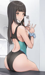  1girl absurdres ass back back_cutout bare_arms blunt_bangs blush breasts brown_eyes brown_hair cellphone clothing_cutout highres holding holding_phone indoors koh_(minagi_kou) long_hair looking_at_phone mask mask_pull medium_breasts mole mole_on_thigh mouth_mask one-piece_swimsuit original parted_lips phone restroom scrunchie selfie sitting smartphone solo swimsuit thighs towel two-tone_swimsuit v wrist_scrunchie  rating:Sensitive score:107 user:danbooru