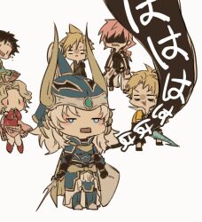  2girls 4boys armor bartz_klauser black_gloves black_overalls black_shirt black_vest blank_eyes blonde_hair blue_armor blush_stickers boots brown_hair cape chibi circlet cloud_strife commentary cuirass detached_sleeves dissidia_final_fantasy fake_horns faulds fermium.ice final_fantasy final_fantasy_i final_fantasy_v final_fantasy_vi final_fantasy_vii final_fantasy_x final_fantasy_xiii full_armor full_body gloves greaves hair_ribbon helmet high_collar holding holding_shield holding_sword holding_weapon horned_helmet horns leggings lightning_farron multiple_boys multiple_girls open_mouth overalls pauldrons pink_cape pink_hair pink_ribbon pink_shirt plume ponytail red_footwear red_shirt ribbon shaded_face shield shirt short_hair short_sleeves shoulder_armor shoulder_strap simple_background single_pauldron solid_oval_eyes spiked_hair surprised sword symbol-only_commentary tidus tina_branford vest warrior_of_light_(ff1) wavy_hair weapon white_background white_hair yellow_cape yellow_shirt 