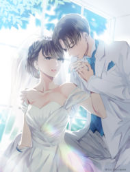 1boy 1girl :d asymmetrical_gloves bad_id bad_pixiv_id braid breasts brown_eyes brown_hair cleavage collarbone dress elbow_gloves gloves hand_on_another&#039;s_shoulder holding holding_wand husband_and_wife jacket jewelry levi_(shingeki_no_kyojin) long_dress long_sleeves medium_breasts mikasa_ackerman off_shoulder open_clothes open_jacket open_mouth pants parted_lips ring sakuragawanaa shingeki_no_kyojin short_hair single_glove sleeveless sleeveless_dress smile uneven_gloves wand wedding_band wedding_dress white_dress white_gloves white_jacket white_pants rating:Sensitive score:8 user:danbooru