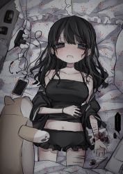  1girl bed black_eyes black_hair computer crying crying_with_eyes_open drooling earphones expressionless frilled_shorts frills from_above knife laptop lying oniyamakei phone phonecard scar scar_on_arm scar_on_leg shiba_inu shorts slit_wrist solo stuffed_animal stuffed_toy suicide sweat tears uniform 