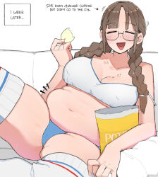  ... 1girl arrow_(symbol) blunt_bangs blush braid breasts brown_hair chips_(food) closed_eyes collarbone commentary covered_erect_nipples crumbs eating english_text facing_viewer food freckles glasses large_breasts long_hair navel notice_lines ohasi open_mouth original plump reclining semi-rimless_eyewear sidelocks sitting solo symbol-only_commentary thick_thighs thighhighs thighs twin_braids under-rim_eyewear white_background white_thighhighs 