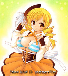  10s 1girl bikini bikini_top_only blonde_hair blush breasts cleavage covered_erect_nipples drill_hair fingerless_gloves gloves hair_ornament hat large_breasts mahou_shoujo_madoka_magica mahou_shoujo_madoka_magica_(anime) nightmare77zx open_clothes orange_eyes skirt smile solo striped swimsuit tomoe_mami twin_drills twintails  rating:Questionable score:27 user:danbooru