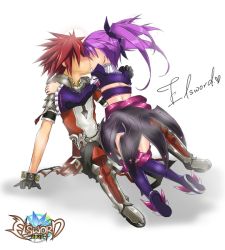  aisha_landar armor couple elsword elsword_(character) kiss purple_hair red_hair twintails  rating:Sensitive score:11 user:mature_to_loli2
