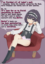  1girl bow bow_panties chair crossed_legs disgust english_text female_focus flat_chest full_body highres himitsu_ni_shitoite_ageru humiliation loli looking_at_viewer maid maid_headdress medium_hair original panties polka_dot polka_dot_panties purple_eyes sitting socks solo underwear  rating:Questionable score:144 user:Codename_ZQ