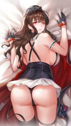 1girl armlet ass backboob bad_id bad_pixiv_id bare_shoulders bed_sheet black_gloves black_panties breasts brown_hair cape commentary_request dsr-50_(girls&#039;_frontline) elbow_gloves girls&#039;_frontline gloves hat huge_breasts lips long_hair looking_at_viewer looking_back lying miniskirt on_stomach panties parted_lips red_eyes shirt sideboob skirt sleeveless sleeveless_shirt solo thighhighs tsuki_no_i-min underwear white_skirt rating:Sensitive score:70 user:danbooru