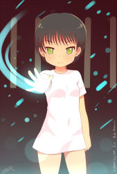  10s 1girl 2012 bad_id black_hair blush bottomless child contrapposto cowboy_shot dated english_text green_eyes idfer looking_at_viewer magic original outstretched_hand shirt short_hair signature smile solo standing  rating:Sensitive score:23 user:Pastel