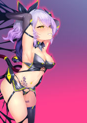 1girl alternate_eye_color areola_slip armpits arms_up ass asymmetrical_legwear azur_lane barcode barcode_tattoo blush breasts cleavage commentary_request curvy elbow_gloves empty_eyes gloves hair_between_eyes half-closed_eyes high_ponytail highleg highleg_panties javelin_(azur_lane) looking_away medium_breasts navel navel_piercing panties parted_lips piercing purple_hair pussy_juice pussy_juice_trail revealing_clothes satou_kuuki single_thighhigh solo sweat tattoo thighhighs underwear uneven_legwear yellow_eyes rating:Explicit score:19 user:danbooru