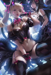 2girls ahri_(league_of_legends) animal_ears bare_shoulders black_cat_d.va black_hair blonde_hair breasts cat_ears cat_tail cleavage corset d.va_(overwatch) dress facial_mark fox_ears fox_girl gloves gothic_lolita heart league_of_legends lolita_fashion looking_at_viewer medium_breasts multiple_girls naughty_face navel overwatch overwatch_1 panties sakimichan squatting tail thighhighs twintails underwear watermark whisker_markings rating:Questionable score:177 user:report_yasuo_4_feed