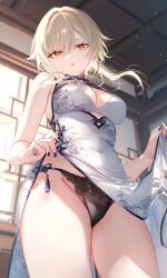  1girl ai-generated architecture black_panties blonde_hair breasts chinese_clothes collared_dress dress east_asian_architecture genshin_impact highres lingerie long_hair looking_at_viewer looking_down lumine_(genshin_impact) medium_breasts open_mouth panties pulled_up_dress solo thighs tongue underwear white_dress window yellow_eyes 