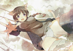  1girl aircraft airplane animal_ears ass biplane black_jacket bow bow_panties braid brown_eyes brown_hair brown_sweater cat_ears cat_tail cloud flying gluteal_fold jacket jet_yowatari long_hair lynette_bishop no_pants open_mouth outstretched_hand panties ponytail sky smile solo strike_witches striker_unit sweater tail thighs underwear white_panties world_witches_series  rating:Questionable score:5 user:danbooru