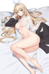 1girl absurdres asahi_breweries ass bed_sheet beer_can black_jacket blonde_hair breasts can collared_shirt commission covered_erect_nipples drink_can hair_ribbon hand_up highres jacket long_hair long_sleeves looking_at_viewer lying medium_breasts navel no_bra on_side open_clothes open_shirt original panties panties_around_leg parted_lips ribbon see-through shirt solo song-hwaryeong thighs underwear very_long_hair white_shirt rating:Questionable score:17 user:danbooru