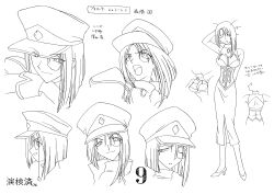  00s 1girl absurdres breasts character_sheet cleavage forte_stollen full_body galaxy_angel hat highres large_breasts looking_at_viewer monochrome monocle multiple_views official_art scan short_hair simple_background smile solo standing thick_thighs thighs white_background 