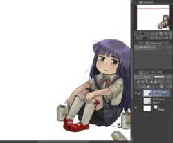  1girl :| adobe_photoshop against_wall bags_under_eyes beer_can bike_shorts_under_skirt black_eyes black_shorts blue_hair blue_skirt bow bowtie can cigarette cigarette_butt closed_mouth commentary depressed drink_can english_commentary furude_rika higurashi_no_naku_koro_ni holding holding_cigarette knees_to_chest leaning_on_object long_hair looking_at_viewer mary_janes nvi2762 pink_bow pink_bowtie red_footwear school_uniform shirt shoes short_sleeves shorts sitting skirt smoking socks solo st._lucia_academy_school_uniform strap_slip suspender_skirt suspenders white_shirt white_socks window_(computing) 