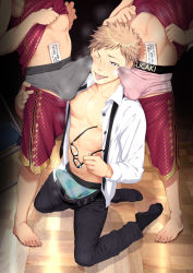 &gt;_o 3boys abs absurdres barefoot blouse blush bulge classroom drooling erection erection_under_clothes unworn_eyewear feet full_body glasses heart heart-shaped_pupils highres holding holding_removed_eyewear looking_at_viewer male_focus multiple_boys naughty_face necktie nipples penis shiba_yuuji shirt socks sweat symbol-shaped_pupils teacher teacher_and_student toes tongue tongue_out unbuttoned underwear undone_necktie white_shirt yaoi rating:Explicit score:153 user:harucho