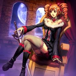 1girl amy_sorel bare_shoulders bloomers boots brown_eyes brown_hair crossed_legs drill_hair fishnet_thighhighs fishnets full_moon fur_trim genzoman legs lips moon nail_polish night orange_hair rapier red_bloomers red_eyes sitting solo soul_calibur soulcalibur soulcalibur_iv sword thighhighs twintails weapon rating:Sensitive score:66 user:danbooru