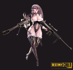  1girl _(destiny_child) breasts cleavage destiny_child dual_wielding full_body gun hildr_(destiny_child) holding huge_breasts hyulla long_hair looking_at_viewer open_mouth rifle simple_background sniper_rifle solo standing weapon  rating:Questionable score:21 user:Ceteus