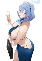  1girl ai-assisted ako_(blue_archive) ako_(dress)_(blue_archive) ass back backless_dress backless_outfit bare_shoulders blue_archive blue_dress blue_eyes blue_hair blue_halo blurry blush breasts butt_crack commentary cup depth_of_field dress drinking_glass from_behind halo highres large_breasts looking_at_viewer looking_back medium_hair nail_polish official_alternate_costume parted_lips preview_(preview0) sideboob simple_background smile solo symbol-only_commentary teeth white_background  rating:Sensitive score:40 user:danbooru