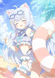  1girl an_meng_meng_(vtuber) beach blue_hair blue_sky cat-shaped_eyewear cat_tail closed_eyes commission hair_ornament hairclip highres indie_virtual_youtuber long_hair ocean open_mouth outdoors skeb_commission sky smile swim_ring swimsuit tail tyakomes variant_set very_long_hair x_hair_ornament 