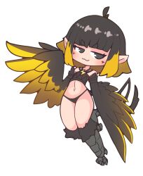  1girl :3 absurdres ahoge bird_legs black_eyes black_feathers black_hair blonde_hair blush chibi commentary commission english_commentary feathers harpy highres looking_at_viewer midriff monster_girl monster_girl_encyclopedia monster_girl_encyclopedia_ii multicolored_hair navel nn_(eogks) pointy_ears short_hair solo talons thunderbird_(monster_girl_encyclopedia) two-tone_hair two-tone_wings white_background winged_arms wings yellow_feathers yellow_wings 