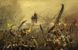  architecture armor artist_name body_horror bug chaos_(warhammer) commentary damaged english_commentary flying full_armor great_unclean_one greater_demon_(warhammer) guro helge_c._balzer holding holding_sword holding_weapon horns horror_(theme) nurgle nurgle_(symbol) official_art one-eyed outdoors plague_bearers rot_fly single_horn sores sword tree warhammer_40k watermark weapon web_address 
