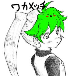  1girl blush brain_defects_(artist) child creatures_(company) flat_chest game_freak green_hair looking_at_viewer looking_back lowres nintendo pokemon pokemon_adventures ponytail reverse_trap sweater translation_request yellow_(pokemon)  rating:Sensitive score:12 user:RandomGuy12345