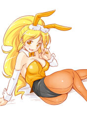  1girl alternate_costume animal_ears ass back-seamed_legwear black_leotard blonde_hair bow bowtie breasts brown_pantyhose collar commentary cure_honey detached_collar detached_sleeves fake_animal_ears fake_tail from_behind happinesscharge_precure! kazuma_muramasa leotard long_hair looking_at_viewer looking_back lying magical_girl medium_breasts on_side oomori_yuuko open_mouth orange_leotard orange_nails pantyhose playboy_bunny ponytail precure rabbit_ears rabbit_tail salute seamed_legwear simple_background smile solo strapless strapless_leotard tail two-finger_salute two-tone_leotard white_background white_collar white_sleeves wing_collar wrist_cuffs yellow_eyes 