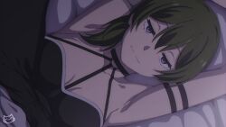  1girl armpits arms_up black_choker black_dress choker commentary dress english_commentary green_hair jitome keihh long_hair looking_at_viewer lying o-ring o-ring_choker on_back on_bed paid_reward_available purple_eyes side_ponytail smile solo sousou_no_frieren ubel_(sousou_no_frieren) upper_body 