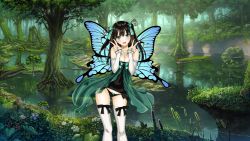  1girl antennae bare_shoulders black_hair black_panties blush bow bow_panties breasts butterfly_wings cleavage detached_sleeves double_v fairy flower forest fo~do grass green_eyes hair_ornament happy highres insect_wings jewelry long_hair medium_breasts nature necklace open_mouth outdoors panties smile solo thighhighs third-party_edit tony_taka traced underwear v wallpaper water wings  rating:Sensitive score:71 user:TiTaNz
