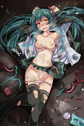 1girl after_rape aftersex ahoge aqua_hair aqua_nails armpits arms_up bag beaten black_footwear black_jacket blush boots bra breasts cable cleavage collarbone cosmetics cum cum_in_pussy dirty feet_out_of_frame from_above hand_mirror hatsune_miku headphones heart heterochromia highres jacket light lipstick_tube long_hair long_sleeves lying miniskirt mirror nail_polish navel nipples no_panties nose_blush on_back on_floor open_clothes open_jacket open_shirt panties panties_around_leg parted_lips pink_bra pink_panties polka_dot polka_dot_bra project_diva_(series) red_eyes shirt skirt small_breasts solo stomach sweat thigh_boots thighhighs torn_clothes torn_thighhighs tsukishiro_saika twintails underwear upskirt very_long_hair vocaloid white_shirt yellow_eyes rating:Explicit score:78 user:Dweenie