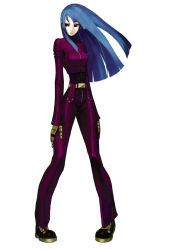 1girl blue_hair breasts chaps cropped_jacket full_body gloves kula_diamond long_hair nona official_art pigeon-toed red_eyes snk solo standing the_king_of_fighters the_king_of_fighters_2001 rating:Sensitive score:16 user:danbooru