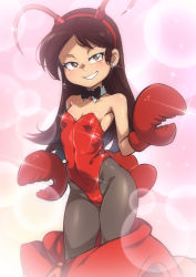 1girl antennae bare_shoulders black_bow black_bowtie black_pantyhose blush bow bowtie breasts brown_eyes brown_hair cleavage crab_costume female_focus freckles gradient_background highres jcm2 leotard lobster_costume long_hair looking_at_viewer pantyhose pink_background playboy_bunny sid_chang small_breasts smile solo teeth the_casagrandes the_loud_house traditional_bowtie  rating:Sensitive score:379 user:danbooru