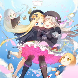  2girls abigail_williams_(fate) bare_legs beret black_bow black_capelet black_cloak black_dress black_footwear black_hat black_ribbon blonde_hair bloomers blue_eyes blue_overalls blue_sky book boots bow capelet card character_doll cloak closed_eyes cloud cup doll_joints doughnut dress facing_up falling falling_petals fate/grand_order fate_(series) food food_print frilled_dress frilled_sleeves frills fur-trimmed_capelet fur_trim green_eyes grey_hair hair_bow hands_on_another&#039;s_arm hat hat_ribbon hug jack_the_ripper_(fate/apocrypha) joints knee_boots long_hair looking_down mary_janes multiple_girls multiple_hair_bows mushroom_print nursery_rhyme_(fate) open_book open_mouth orange_bow outdoors overalls parted_bangs paul_bunyan_(fate) petals print_dress ribbon saucer shoes short_hair sky sleeves_past_fingers sleeves_past_wrists smile spoon striped_ribbon teacup teapot torn_cloak torn_clothes underwear very_long_hair white_bloomers xuehua 