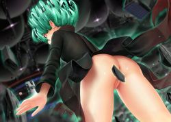 1girl aki99 ass black_dress censored cleft_of_venus convenient_censoring curly_hair dress from_below glowing green_eyes green_hair highres matching_hair/eyes no_panties one-punch_man pointless_censoring pussy revision rubble short_hair solo spacecraft tatsumaki telekinesis uncensored rating:Explicit score:155 user:danbooru