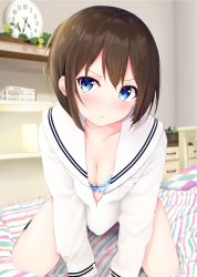  1girl arm_support blue_bra blue_eyes blurry blurry_background blush bra breasts brown_hair cleavage clock downblouse highres indoors kneeling looking_at_viewer medium_breasts mito_ichijyo open_clothes original short_hair solo underwear unzipped 