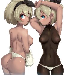  1girl armpits arms_up ass back bare_shoulders bea_(pokemon) black_bodysuit blue_eyes blush bodysuit breasts collarbone covered_navel cowboy_shot creatures_(company) dark_skin from_behind game_freak gluteal_fold hairband highres impossible_clothes looking_at_viewer looking_up medium_breasts multiple_views nico-mo nintendo nipples panties parted_lips pokemon pokemon_swsh see-through short_hair silver_hair simple_background topless underwear white_background white_panties  rating:Questionable score:105 user:DarkToonLink