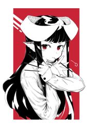  1girl animal_ears black_hair blunt_bangs food food_in_mouth greyscale_with_colored_background highres holding holding_food holding_pocky horned_girl_(jaco) horns jaco long_hair looking_at_viewer original pocky pocky_day pocky_in_mouth red_eyes solo spot_color upper_body 