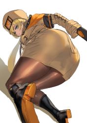  1girl absurdres ashiomi_masato ass bad_id bad_pixiv_id bent_over black_gloves blonde_hair blue_eyes boots brown_coat brown_pantyhose coat commentary_request fur_hat gloves guilty_gear guilty_gear_strive hat highres looking_back millia_rage orange_scarf pantyhose scarf solo thighs ushanka  rating:Sensitive score:55 user:danbooru