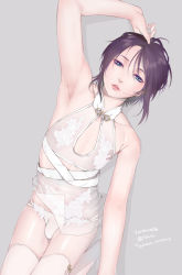 1boy arm_up armpits bare_shoulders black_hair blue_eyes china_dress chinese_clothes crossdressing dated dress girly_boy grey_background hair_between_eyes highres leaning_to_the_side lips looking_at_viewer male_focus medium_hair mole mole_under_eye original panties parted_lips pink_lips see-through simple_background solo tawapo thighhighs trap twitter_username underwear white_panties white_thighhighs  rating:Questionable score:105 user:danbooru