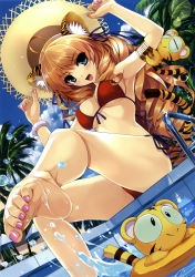  1girl :&gt; :d absurdres ahoge animal_ears armlet armpits arms_up bare_legs bare_shoulders barefoot beach_chair bikini blonde_hair blue_eyes blue_sky blush bracelet breasts cat_ears cat_girl cat_tail chair cleavage closed_eyes cloud comic_toranoana cradle_(circle) curly_hair day dutch_angle fang feet female_focus fingernails foot_focus foreshortening from_below front-tie_top hair_ribbon hat hat_lift highres holding jewelry kotora_(toranoana) ladder leg_lift leg_up legs lens_flare long_fingernails long_hair long_image looking_at_viewer looking_down lounge_chair mascot medium_breasts misaki_kurehito nail_polish on_floor open_mouth original outdoors palm_tree partially_submerged pink_nails pool pool_ladder poolside red_bikini ribbon side-tie_bikini_bottom sitting sky smile soaking_feet soles solo sparkle splashing straw_hat string_bikini swimsuit tail tall_image thighs tiger tiger_ears tiger_tail toe_scrunch toenail_polish toenails toes tree underboob very_long_hair water  rating:Sensitive score:80 user:vincaddo