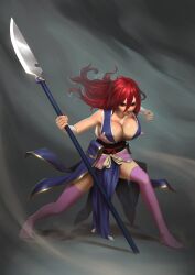  1girl absurdres breasts cleavage erza_scarlet fairy_tail fighting_stance highres large_breasts long_hair polearm red_hair weapon 