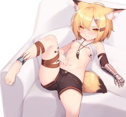  1girl absurdres ahoge animal_ear_fluff animal_ears arknights bare_shoulders barefoot black_shorts blonde_hair breasts closed_mouth clothes_lift commentary_request couch crop_top ear_piercing eyes_visible_through_hair fang fang_out feet foot_out_of_frame fox_ears fox_girl fox_tail hair_between_eyes hair_ornament hairclip hand_on_own_stomach highres infection_monitor_(arknights) jewelry leg_up loli looking_at_viewer mari0ball material_growth medium_hair midriff navel necklace nipples notched_ear on_couch oripathy_lesion_(arknights) piercing prosthesis prosthetic_arm shirt_lift short_shorts shorts sitting skin_fang small_breasts solo tail toes tooth_necklace vermeil_(arknights) yellow_eyes  rating:Questionable score:90 user:danbooru