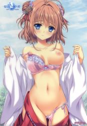  1girl absurdres ahoge ankoromochi bare_shoulders blue_eyes blue_sky blush bow bow_bra bra bra_pull breasts breasts_apart breasts_out brown_hair clothes_pull collarbone copyright_name cowboy_shot day double_bun flower frilled_bra frills gluteal_fold groin hair_bun hair_flower hair_intakes hair_ornament hakama hakama_short_skirt hakama_skirt highres hip_vent japanese_clothes kimono lingerie long_sleeves looking_at_viewer lost_echoes medium_breasts miko navel nipples nude off_shoulder official_art one_breast_out open_clothes open_kimono outdoors panties partially_visible_vulva pink_bra pink_panties public_indecency red_bow red_hakama ribbon scan short_hair side-tie_panties skirt sky sleeves_past_wrists smile solo standing stomach strap_slip tareme tree underwear undressing white_kimono white_ribbon wide_sleeves 