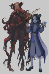  2boys absurdres antonio_(identity_v) antonio_(inferno_sonata)_(identity_v) baggy_pants black_footwear black_hair black_nails black_sclera blue_coat blue_pants blue_skin blue_tongue brown_eyes brown_jacket brown_pants coat colored_sclera colored_skin colored_tongue demon_boy demon_horns fingernails floating floating_object full_body gradient_hair grey_background grin hands_in_hair hands_up highres horns identity_v instrument jacket jiz_(pffbq) joseph_desaulniers joseph_desaulniers_(azrael) long_hair long_sleeves looking_at_another looking_at_viewer male_focus monster_boy multicolored_hair multiple_boys music open_mouth pants pigeon-toed playing_instrument pointy_ears pointy_footwear puffy_long_sleeves puffy_sleeves purple_hair red_hair red_skin sharp_fingernails simple_background smile standing telekinesis very_long_hair violin 