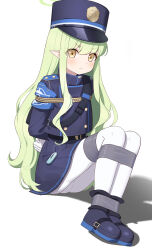  1girl absurdres arms_behind_back bag blue_archive blue_jacket blue_skirt blush boots bound bound_arms bound_legs buttons double-breasted frown full_body gloves green_halo grey_hair hair_between_eyes halo hat highres hikari_(blue_archive) jacket knees_up legs_together long_sleeves miniskirt pantyhose pleated_skirt restrained shoulder_bag sitting skirt solo white_gloves wo_cao_xiao yellow_eyes 